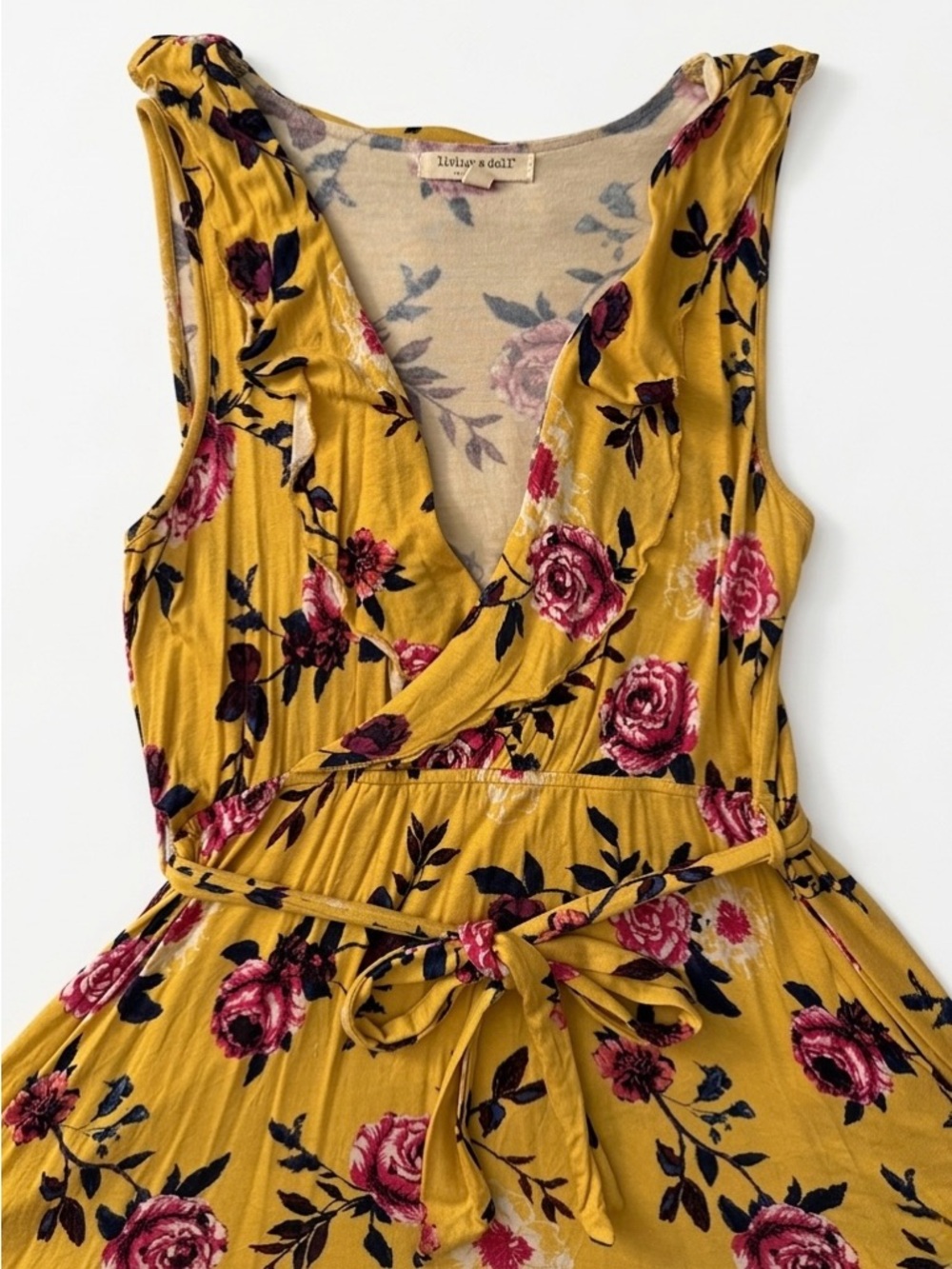 living doll Yellow Floral Wrap Mini Dress with Pink & Purple Blooms - Picture 3 of 9